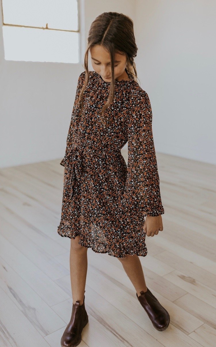 Long sleeve ruffle print dress | ROOLEE