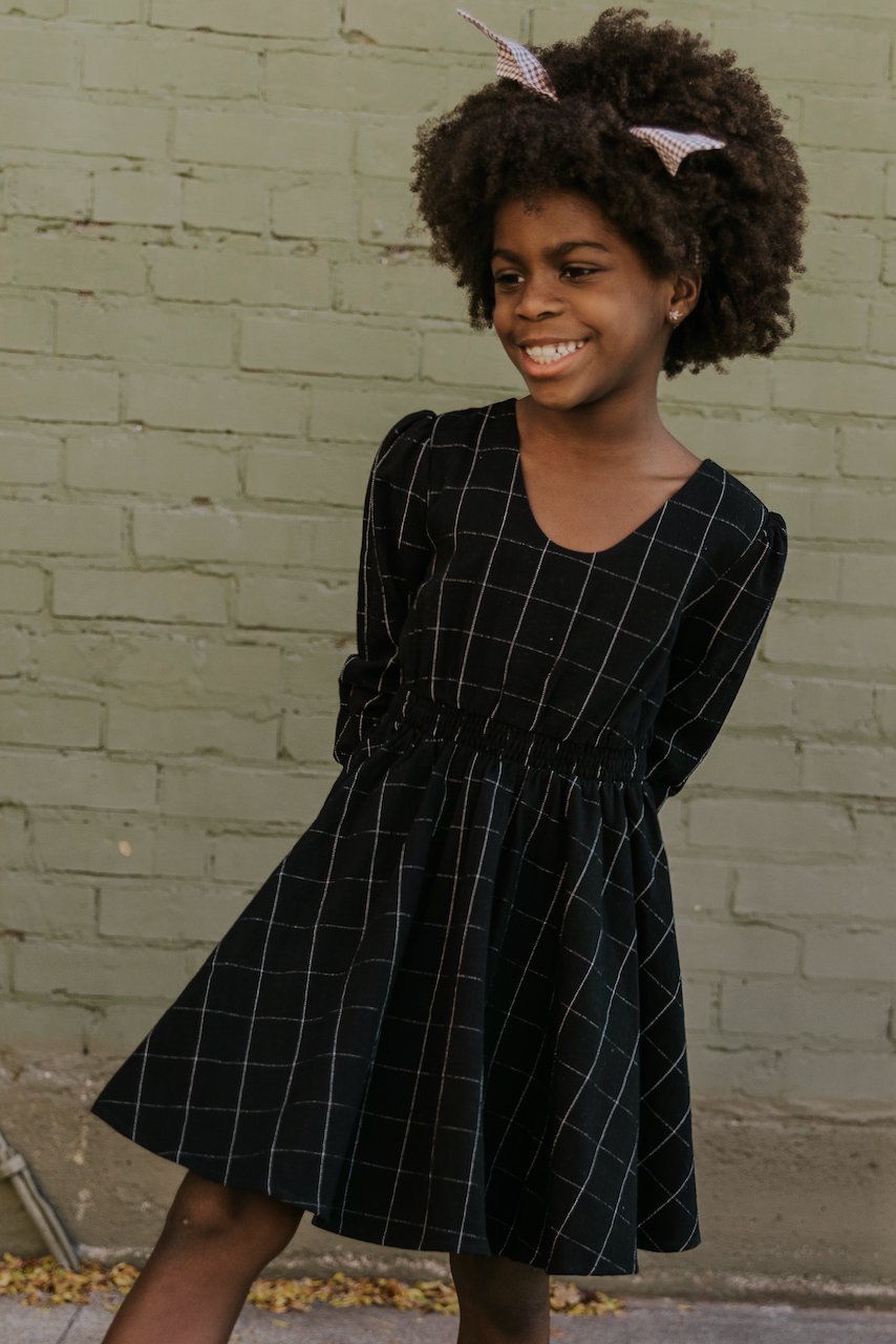 Little girls black grid dresses | ROOLEE
