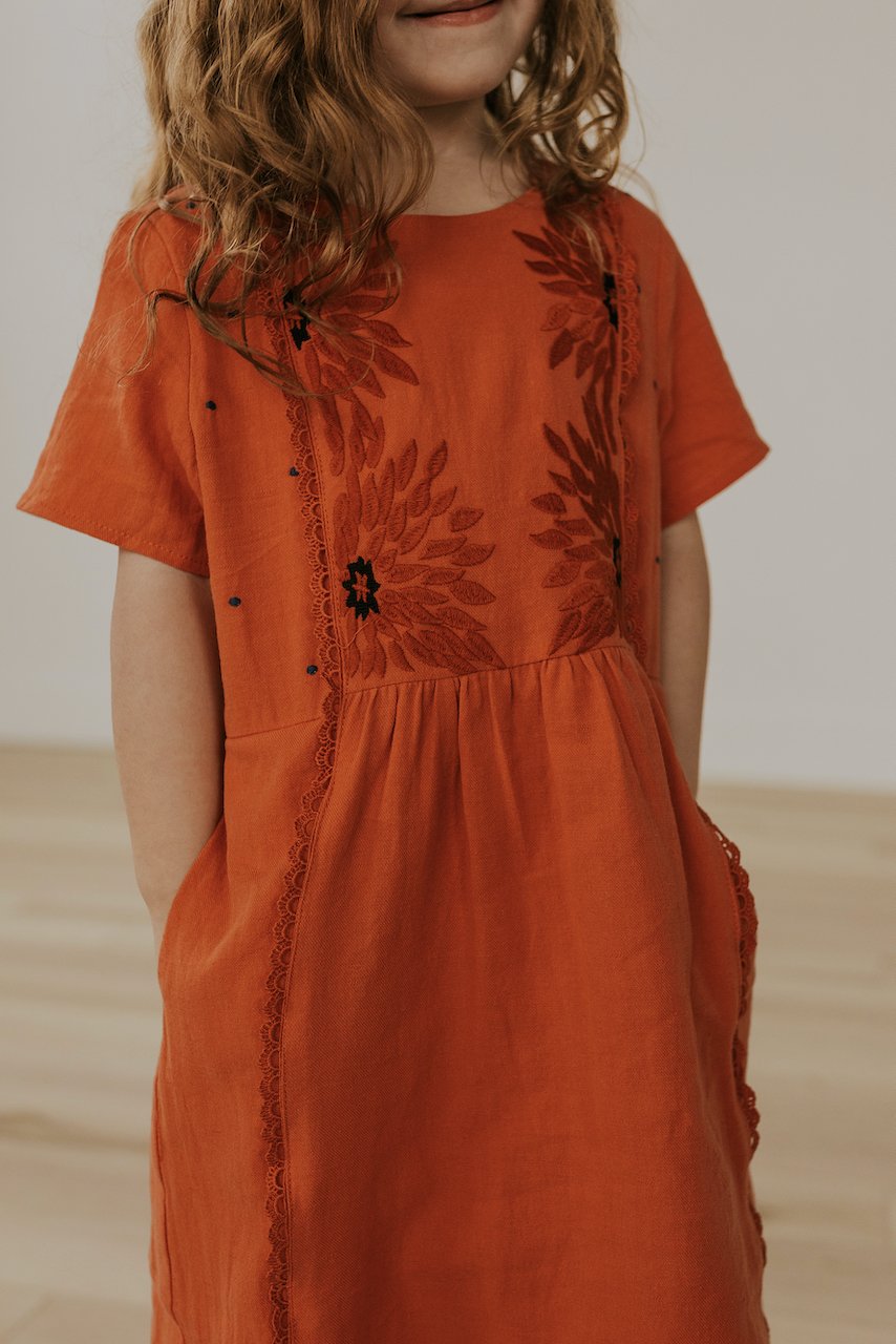 Short Sleeve Red Embroidered Kids Dresses | ROOLEE