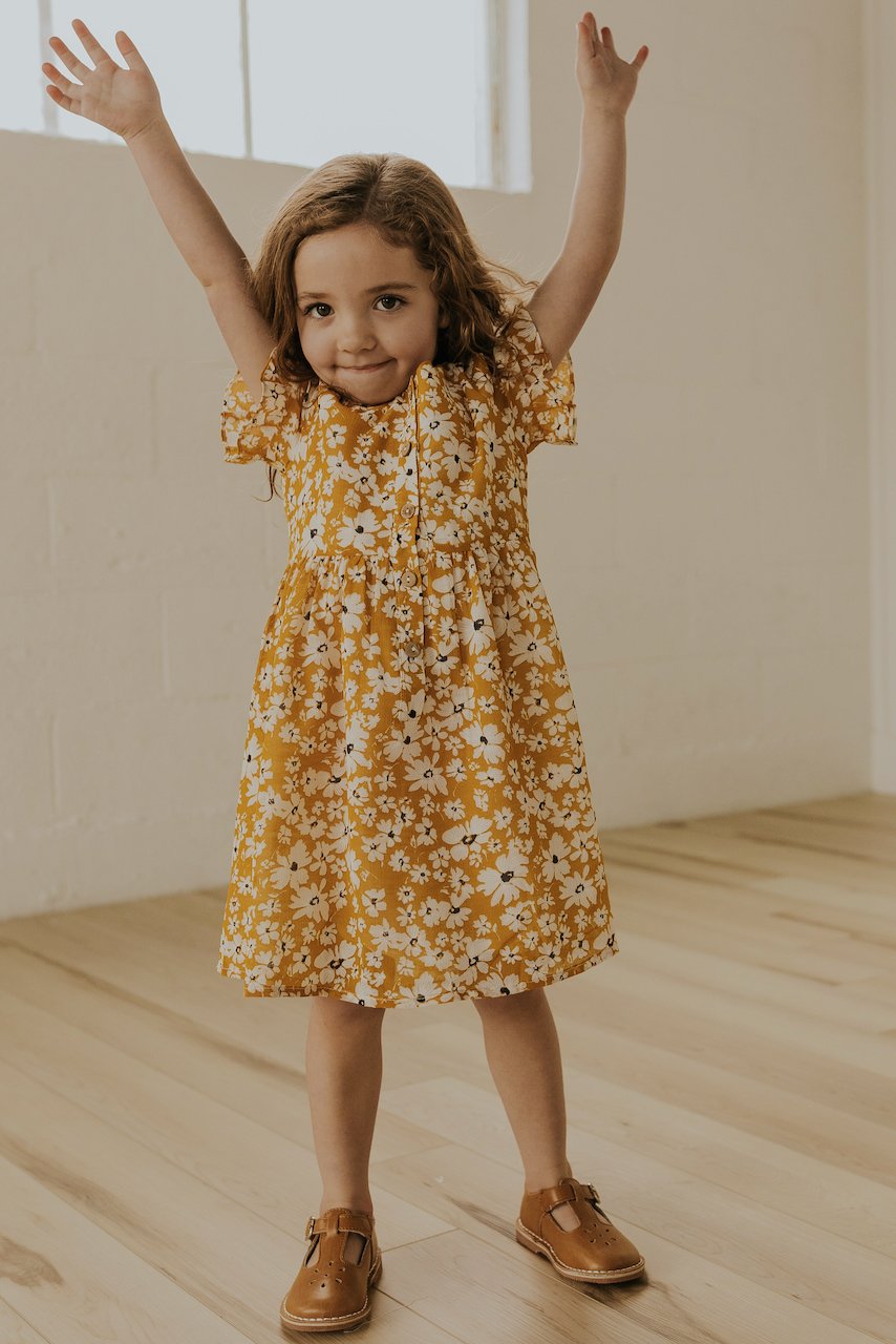 Yellow Floral Short Sleeve Kids Dresses | ROOLEE