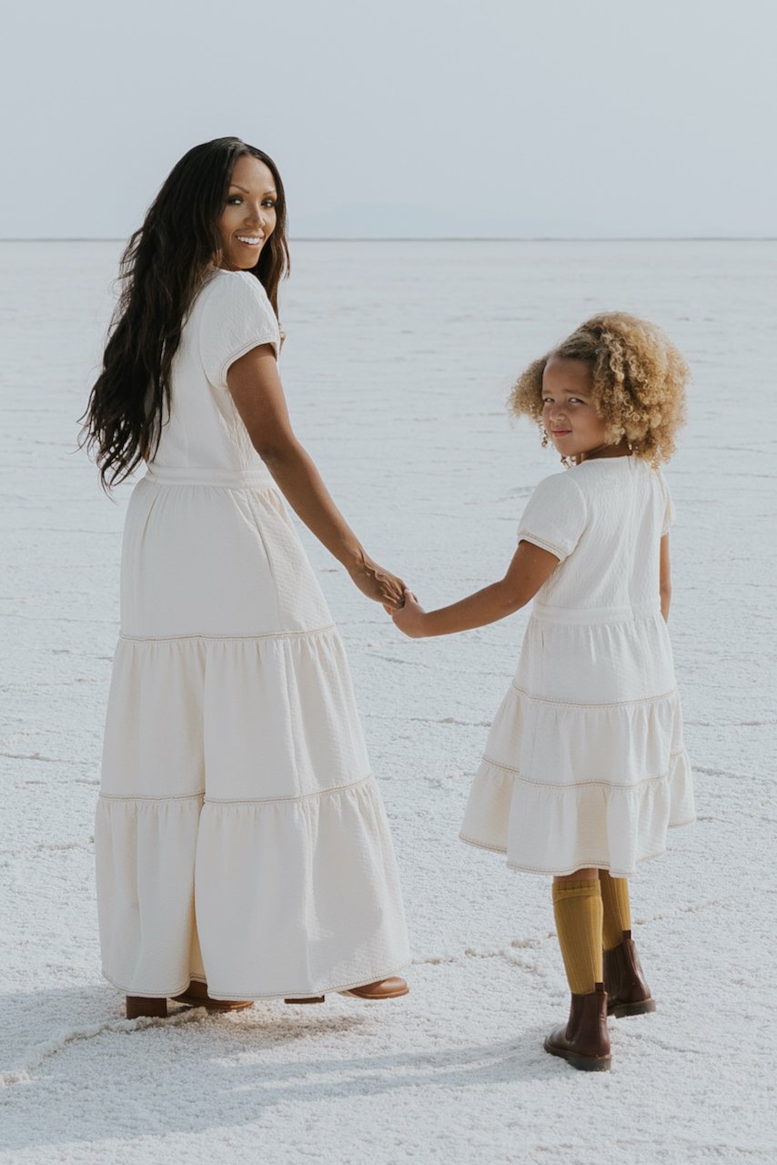 Modest white sunday dresses for mom and kids | ROOLEE