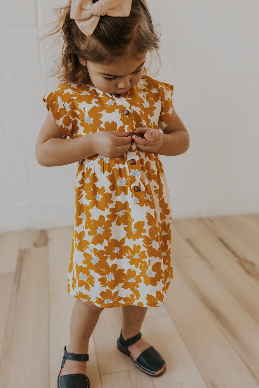 Mustard Floral Button Dress for Girls | ROOLEE