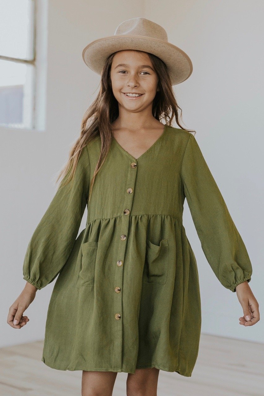 Bubble sleeve green kids holiday dress | ROOLEE