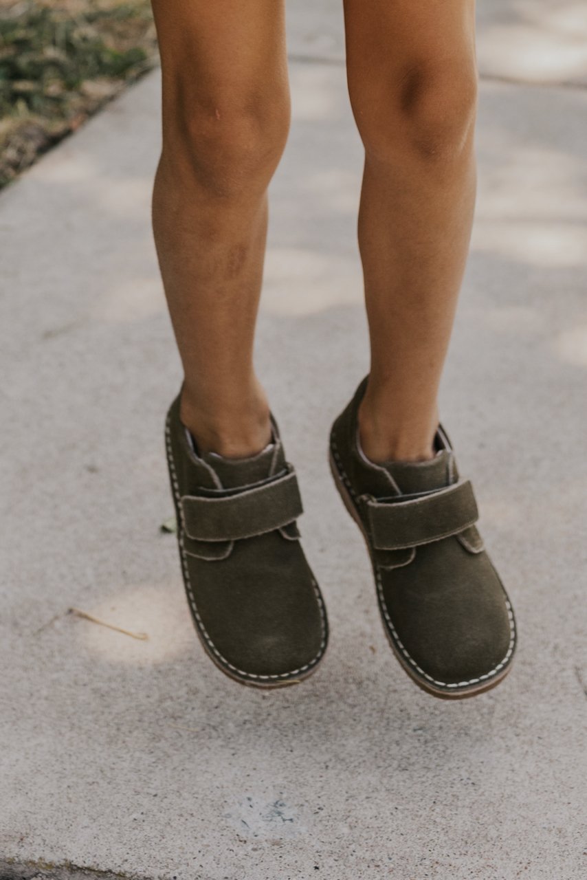 Kids velcro olive green stitched shoes | ROOLEE