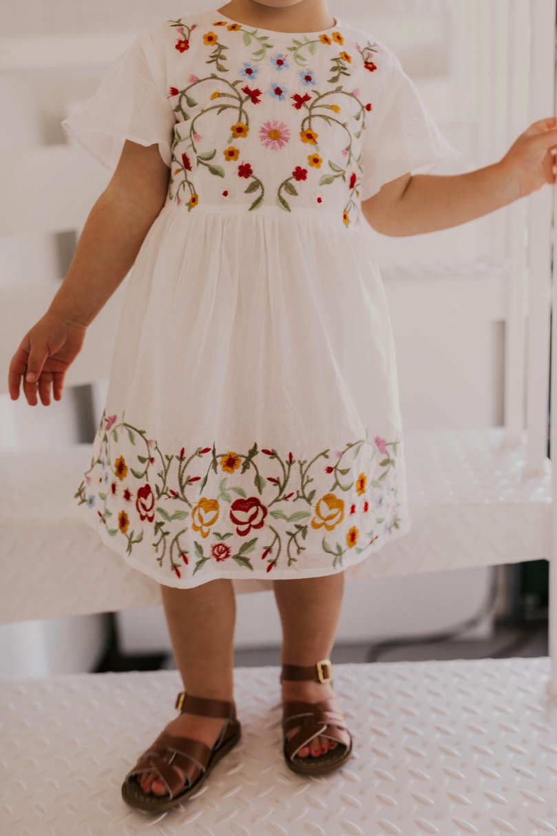 White Floral Embroidered Dress | ROOLEE