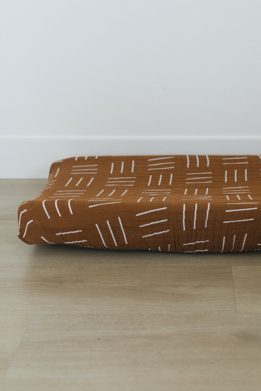 Dark camel white stripe crib sheet | ROOEE