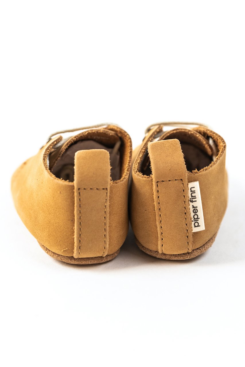 Tan leather soft kids moccasins | ROOLEE