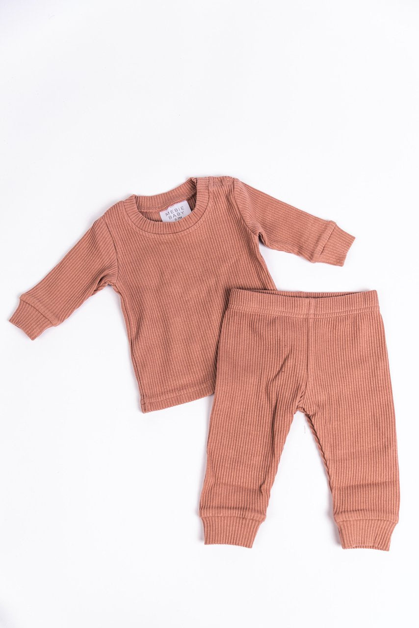 Pink Ribbed Cozy Top and Bottom Set for Babies | ROOLEE
