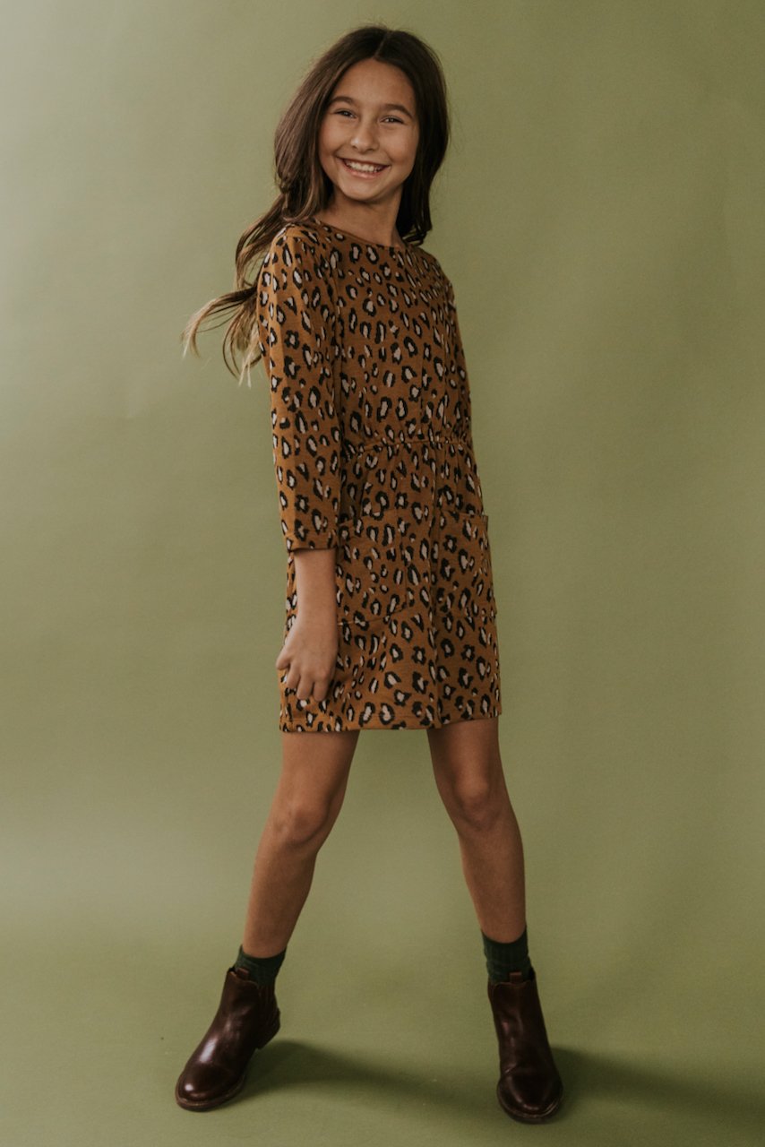 Kids cheetah print long sleeve dress | ROOLEE